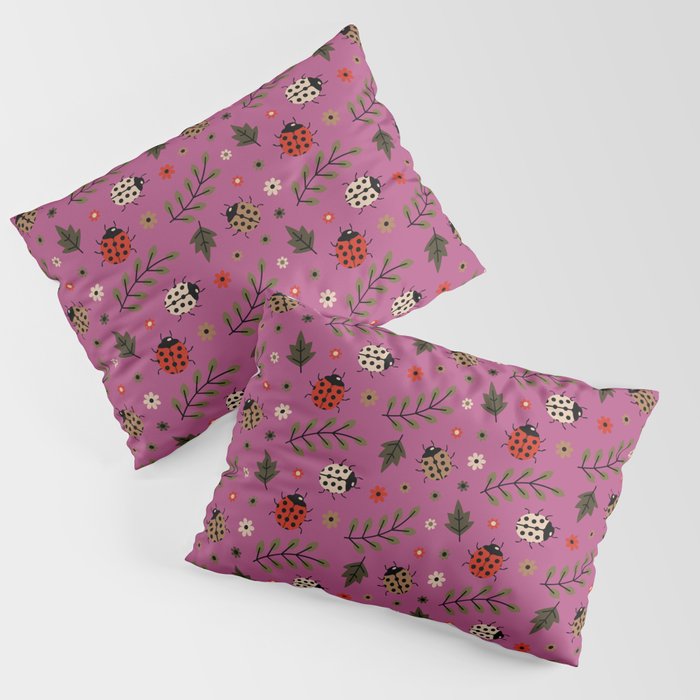 Ladybug and Floral Seamless Pattern on Magenta Background Pillow Sham