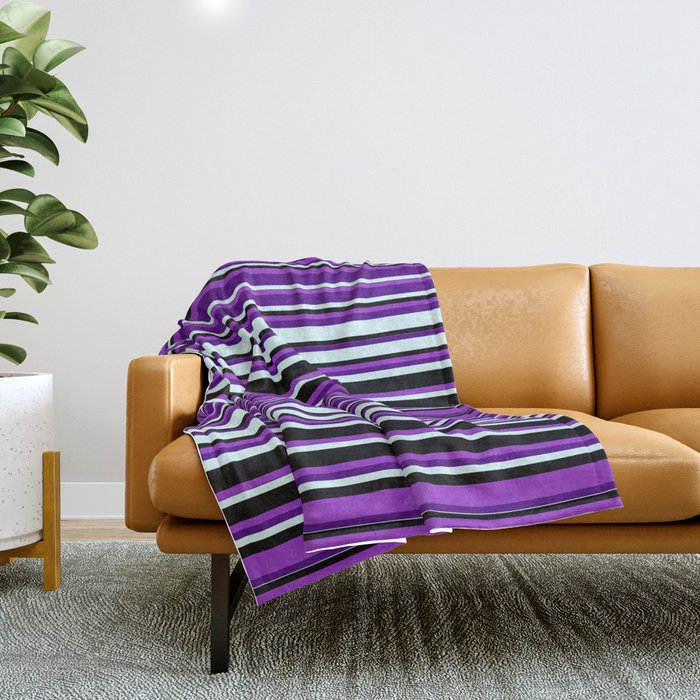 Dark Orchid, Indigo, Light Cyan, and Black Colored Striped/Lined Pattern Throw Blanket