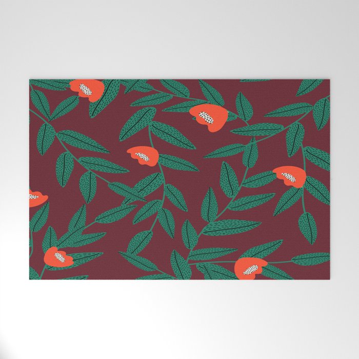 Burgundy And Orange Tulip Retro Floral Pattern Vintage Burgundy And Orange Floral Pattern, 70s Burgundy And Orange Floral Pattern Welcome Mat