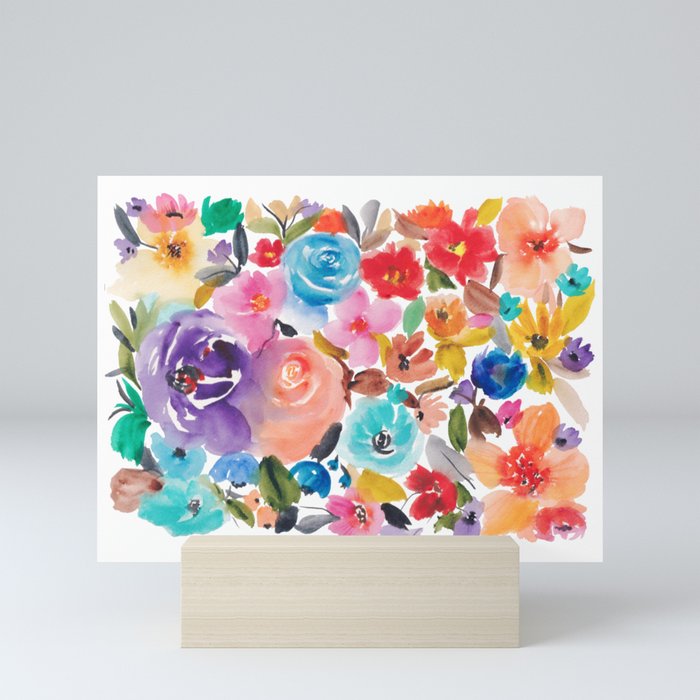 Bright bold bohemian vintage loose garden floral watercolor Mini Art Print