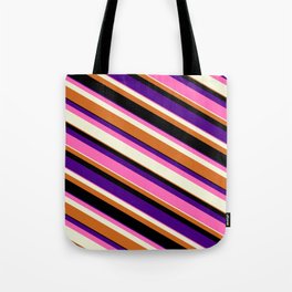 [ Thumbnail: Colorful Indigo, Hot Pink, Beige, Chocolate & Black Colored Lined Pattern Tote Bag ]