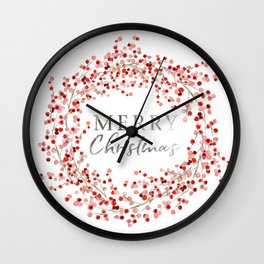 Merry Christmas wreath. Red berry Wall Clock | Red, Graphicdesign, Arrangement, Rustic, Holiday, Merry, Berry, Winter, Watercolor, Christmas 
