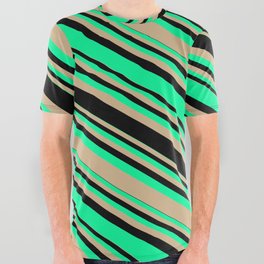 [ Thumbnail: Green, Tan, and Black Colored Striped/Lined Pattern All Over Graphic Tee ]