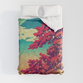 The New Year in Hisseii - Autumn Tree & Mountain by the Ocean Ukiyoe Nature Landscape in Red & Blue Duvet Cover | Cloud, Graphicdesign, Curated, Oil, Japanese, Trees, Vintage, Ocean, Mountain, Drawing 