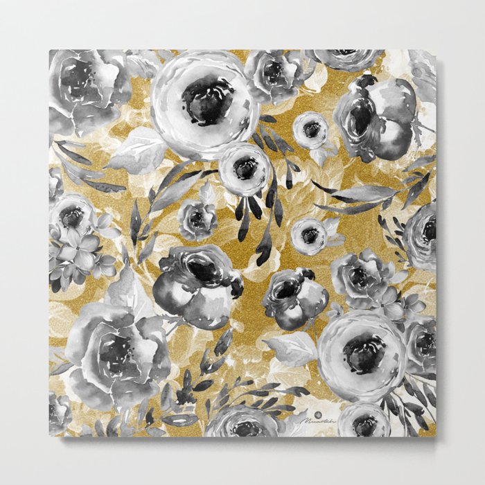 Black and white flowers with gold Metal Print