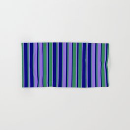 [ Thumbnail: Purple, Sea Green & Blue Colored Stripes/Lines Pattern Hand & Bath Towel ]