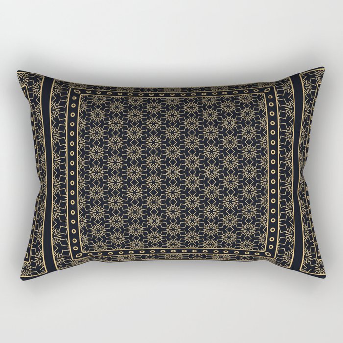 Black and gold abstract graphic pattern. Geometric ornament with frame, border. Line art, lace, embroidery background. Bandanna, shawl, scarf, tablecloth design Rectangular Pillow