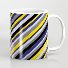[ Thumbnail: Vibrant Light Gray, Dim Gray, Black, Yellow, and Midnight Blue Colored Stripes Pattern Coffee Mug ]