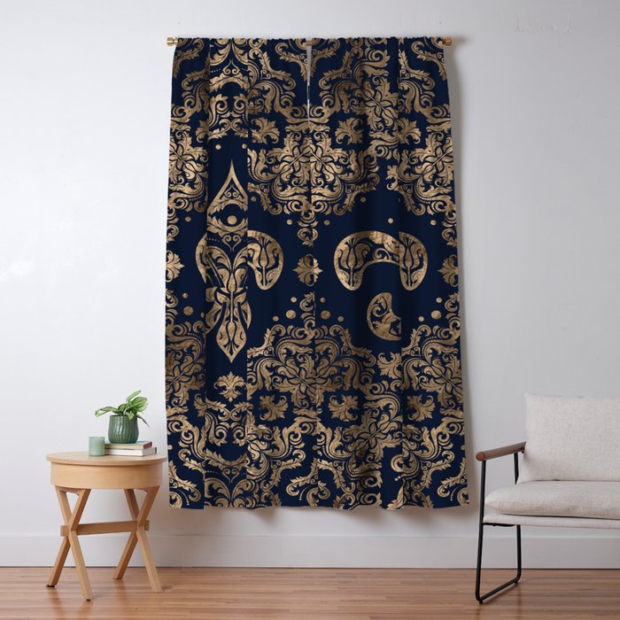 Luxury Fleur De Lis Ornament Gold And Dark Blue Blackout Curtain