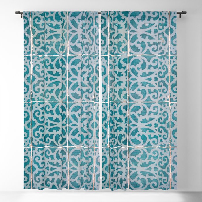 Vintage teal blue azulejos art print - Lisbon retro tiles- travel photography Blackout Curtain