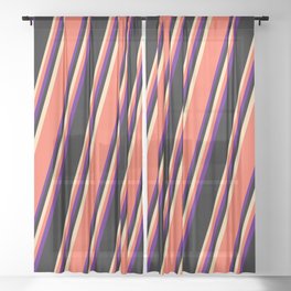 [ Thumbnail: Tan, Red, Indigo, and Black Colored Striped/Lined Pattern Sheer Curtain ]