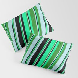 [ Thumbnail: Green, Forest Green, Powder Blue, and Black Colored Striped/Lined Pattern Pillow Sham ]