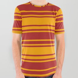 [ Thumbnail: Red & Orange Colored Lined/Striped Pattern All Over Graphic Tee ]