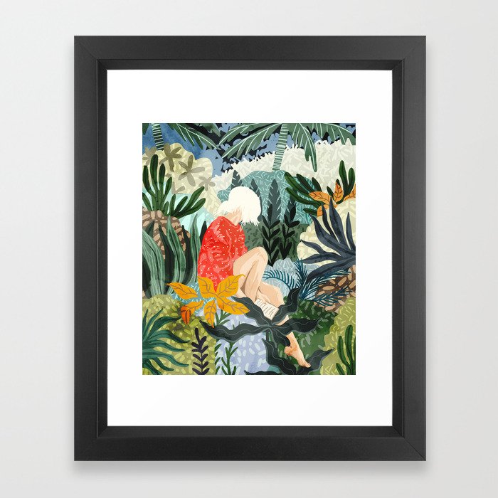 The Distracted Reader | Mindfulness Solo Travel | Bohemian Jungle Botanical Mood | Nature Book Lady Framed Art Print