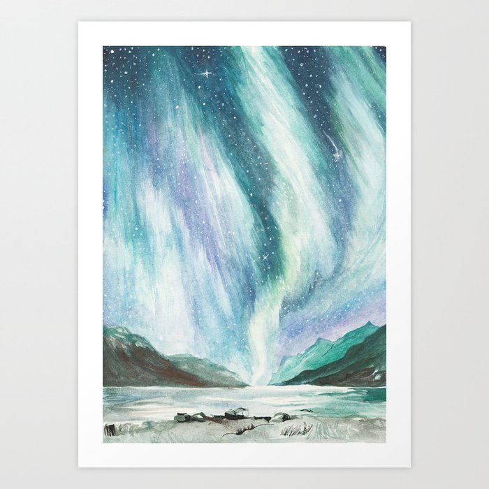 Aurora Northern Lights Watercolor Painting Art Print By