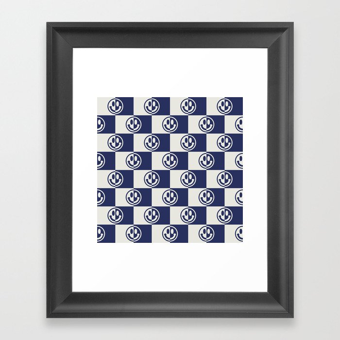 Smiley Faces On Checkerboard (Muted Beige & Dark Blue)  Framed Art Print