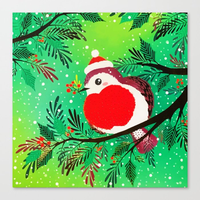 Vintage Gold Greenery Winter Bird  Canvas Print