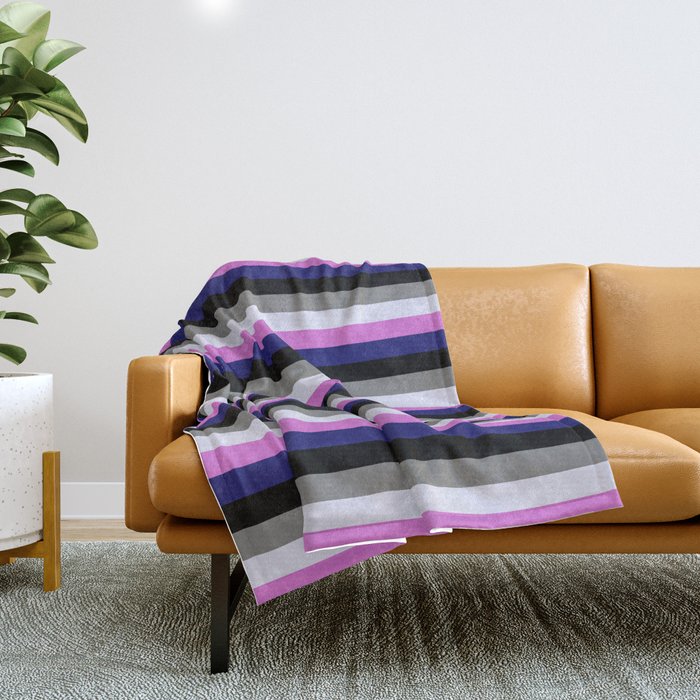 Colorful Orchid, Midnight Blue, Black, Grey, and Lavender Colored Pattern of Stripes Throw Blanket
