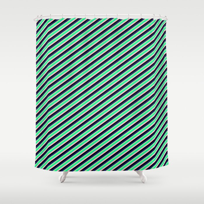 Eye-catching Midnight Blue, Light Green, Green, Pink & Black Colored Lined Pattern Shower Curtain