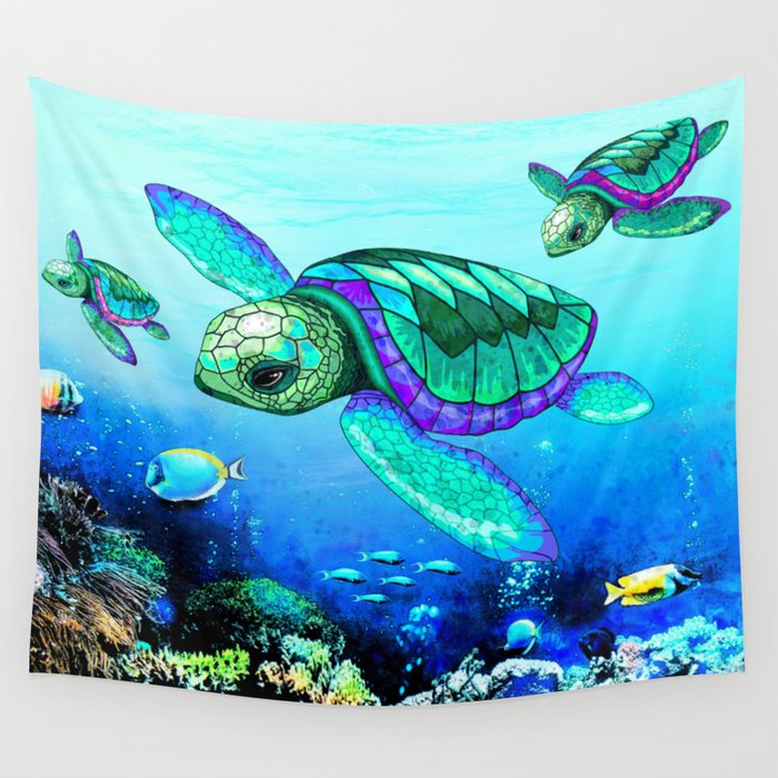 Sea Turtles Dance Wall Tapestry | Graphic-design, Digital, Sea-turtle, Turtle, Ocean-life, Sea-life, Underwater, Summer, Water, Swimming