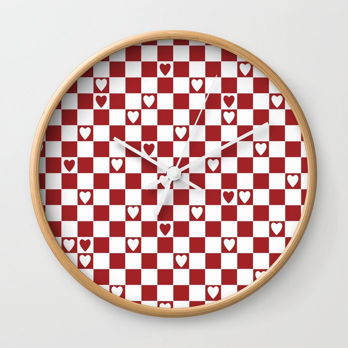 Checkered hearts red and white Wall Clock