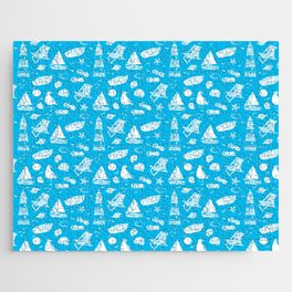 Turquoise And White Summer Beach Elements Pattern Jigsaw Puzzle