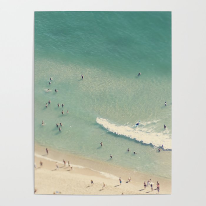 Aerial Beach - Turquoise Ocean - Crashing Waves - Crowded Beach - Sea Travel Photography Poster