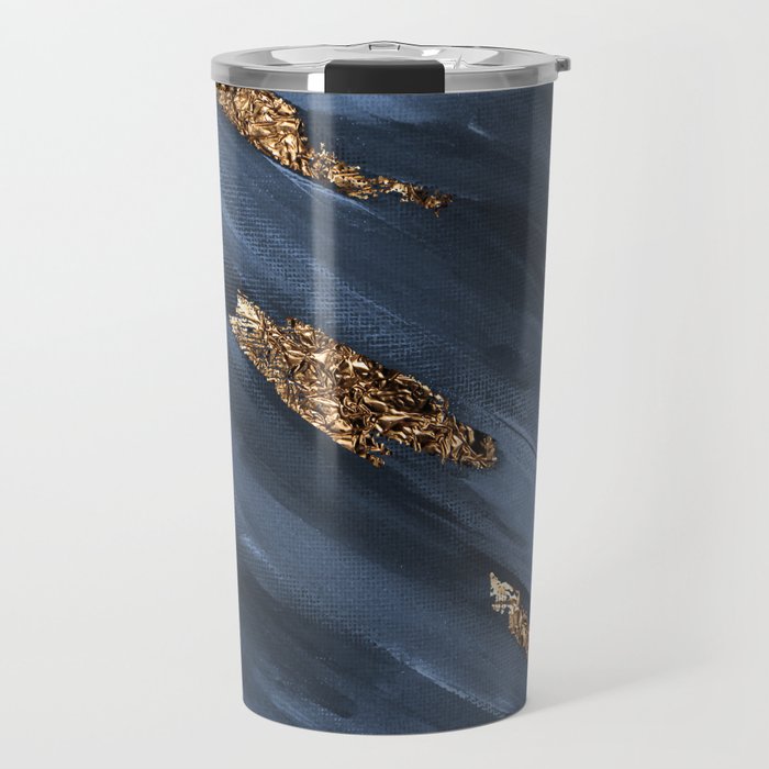 Navy Blue Paint Brushstrokes Gold Foil Abstract Texture Travel Mug