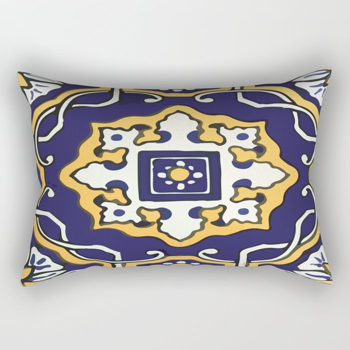 Mandala navy and yellow baroque decorative boho chic talavera tile Rectangular Pillow