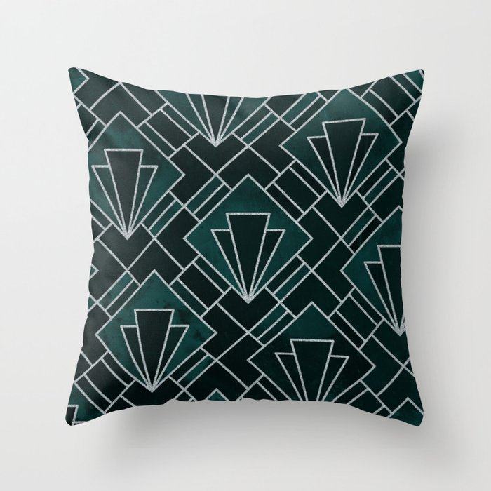 Dark Emerald Art Deco Pattern Throw Pillow