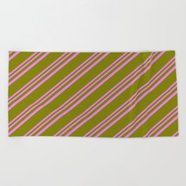 [ Thumbnail: Violet & Green Colored Lines Pattern Beach Towel ]