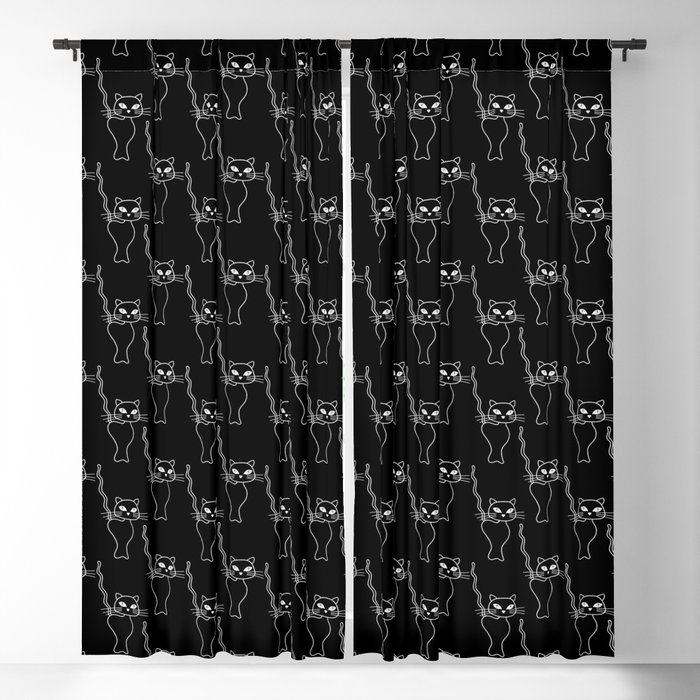 White line art cat pattern on black  Blackout Curtain