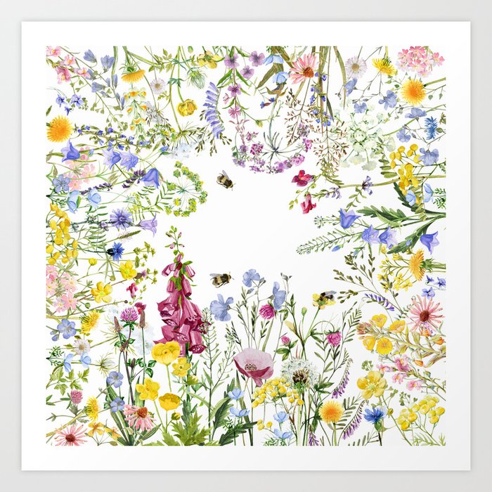 Scandinavian Midsummer Watercolor Wildflowers Meadow Frame Art Print