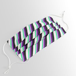 [ Thumbnail: Vibrant Green, Violet, Indigo, Black, and White Colored Striped/Lined Pattern Face Mask ]