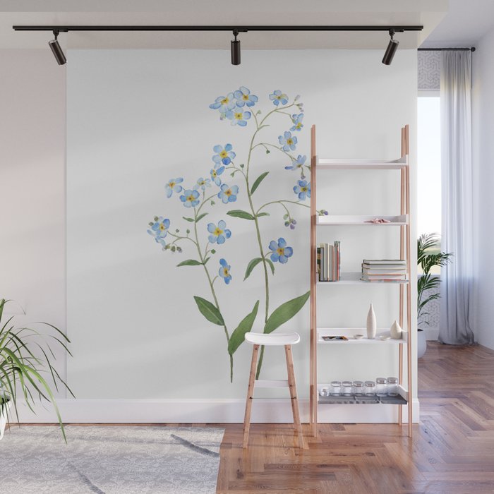 blue forget me not flowers 2021 watercolor  Wall Mural