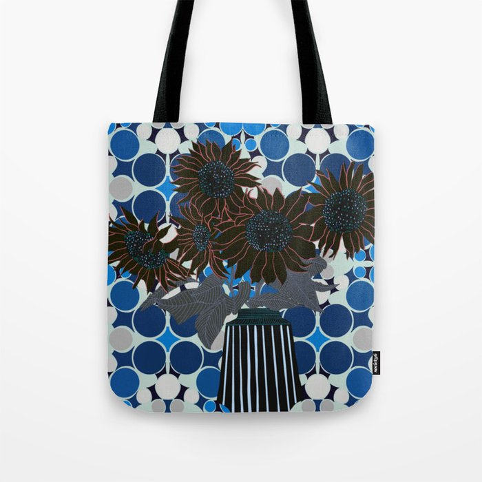 Modern sunflowers with a circle geometric background - blue Tote Bag