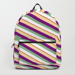 [ Thumbnail: Colorful Tan, Purple, Dark Sea Green, White, and Chocolate Colored Lines/Stripes Pattern Backpack ]