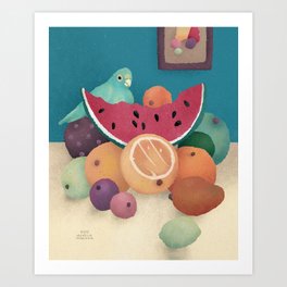 Parrot with Fruit Still Life Art Print