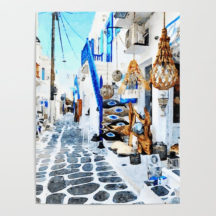 Mykonos Town Watercolor Art Poster
