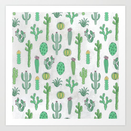 Cactus Pattern White Art Print
