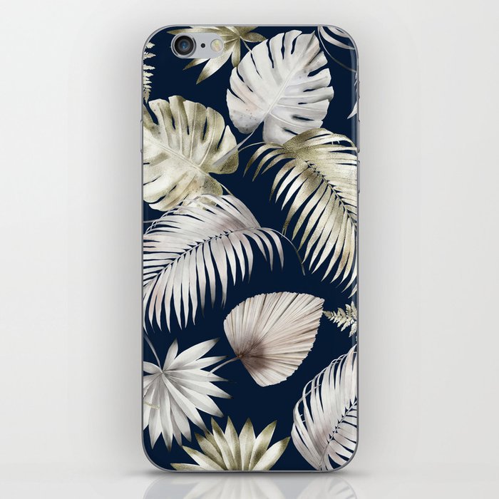Elegant Tropical Leaves on Navy Blue iPhone Skin