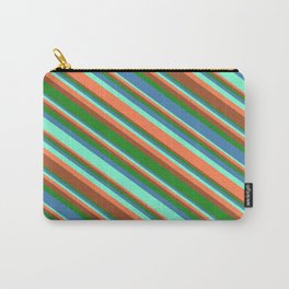 [ Thumbnail: Aquamarine, Coral, Sienna, Forest Green, and Blue Colored Lined/Striped Pattern Carry-All Pouch ]
