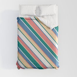 [ Thumbnail: Light Coral, Tan, Teal, White & Blue Colored Striped/Lined Pattern Duvet Cover ]