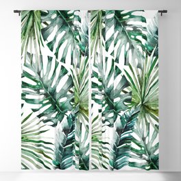 Tropical forest green white watercolor monstera leaves Blackout Curtain