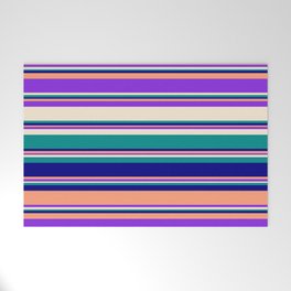 [ Thumbnail: Eyecatching Light Salmon, Purple, Beige, Dark Cyan & Blue Colored Lined/Striped Pattern Welcome Mat ]