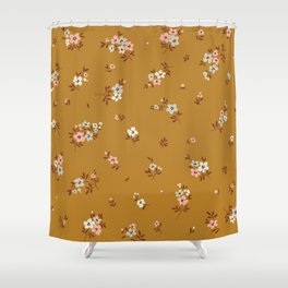 Vintage floral background. Floral pattern with small pastel color flowers on a yellow mustard background. Seamless pattern. Ditsy style. Stock vintage illustration.  Shower Curtain