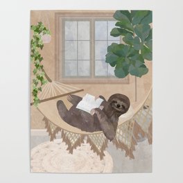 Boho Sloth in a Hammock Reading a book Poster