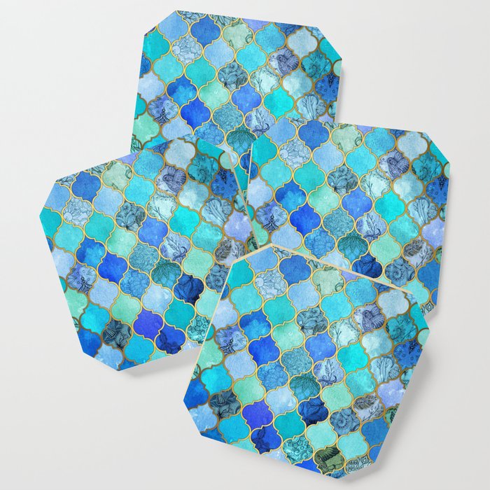 Cobalt Blue Aqua Gold Decorative Moroccan Tile Pattern Coaster By Cobalt Blue Aqua Gold Decorative Moroccan Tile Pattern Coaster