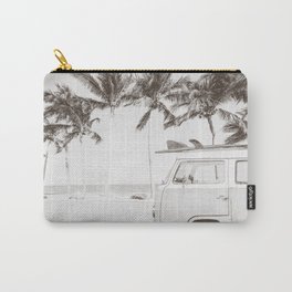 Retro Camper Van With Surf Board Black & White Carry-All Pouch