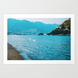 Italy Landscape, lake mountains and swans Art Print